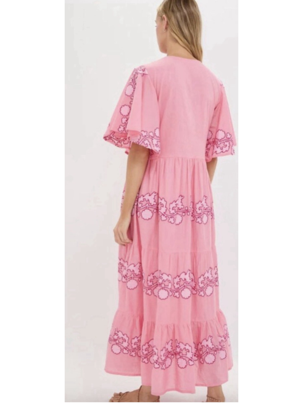 Oliphant Flirty V Neck Maxi Tiered Dress Tangier Pink Flutter Sleeve Embroidery - Picture 3 of 13